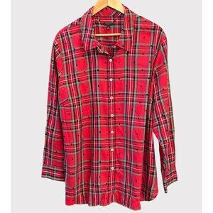 Talbots Plus 3X Plaid Polka Dot Button Front Long Sleeve Blouse Holiday Preppy